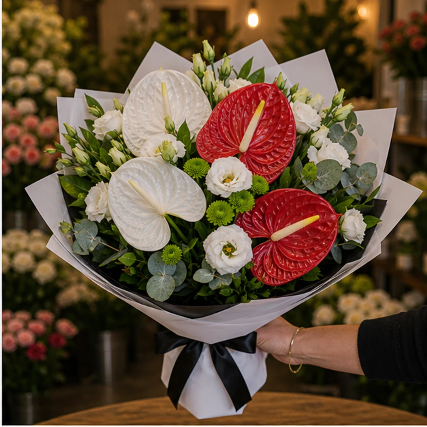Buchete Anthurium alb si rosu cu verdeata - poza 2
