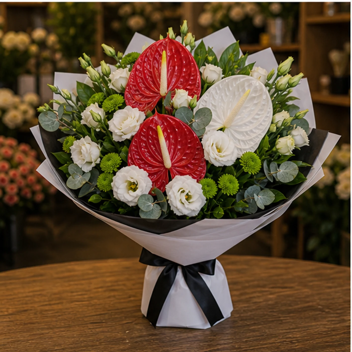 Buchete Anthurium alb si rosu cu verdeata - poza 3