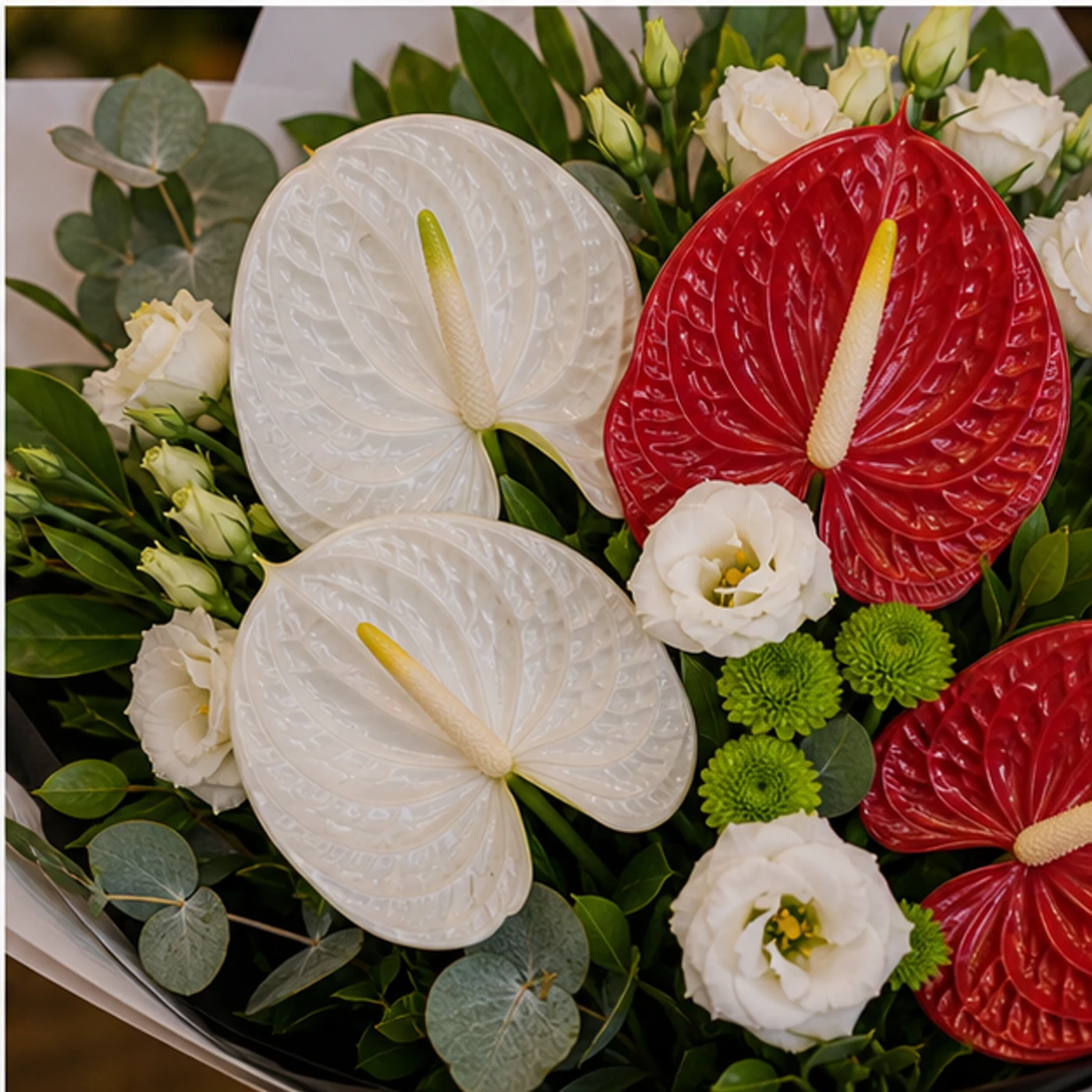 Buchete Anthurium alb si rosu cu verdeata - poza 4