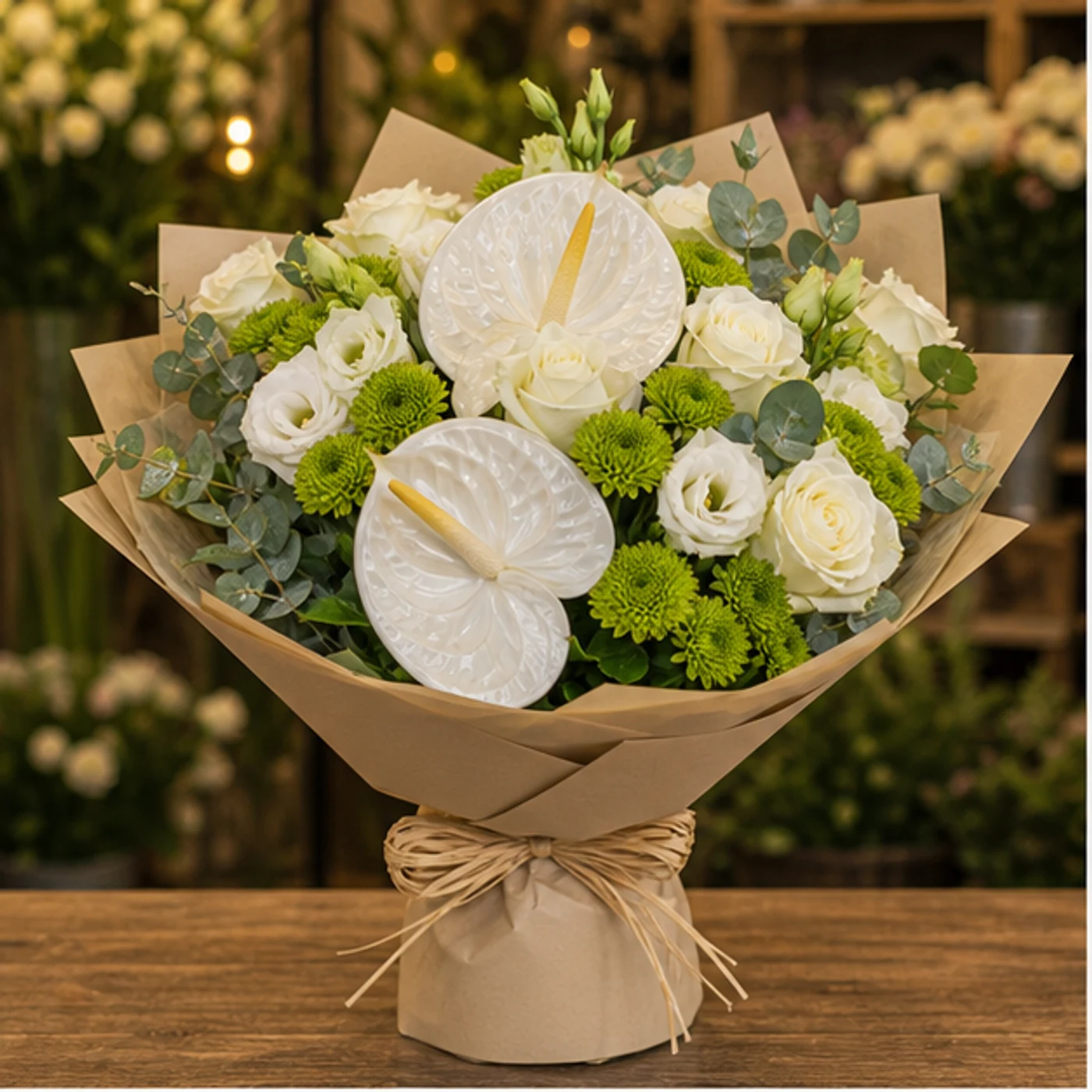 Buchete Anthurium alb cu santini verde - poza 1