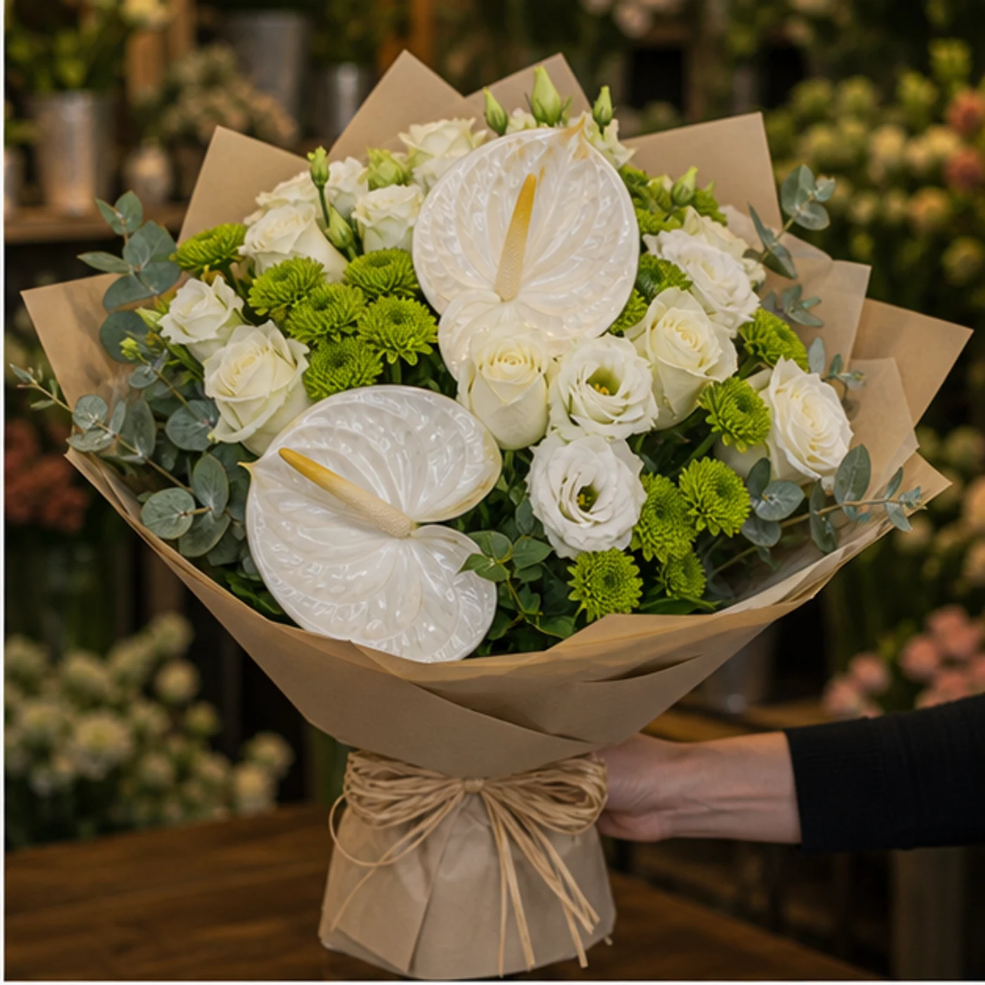 Buchete Anthurium alb cu santini verde - poza 2