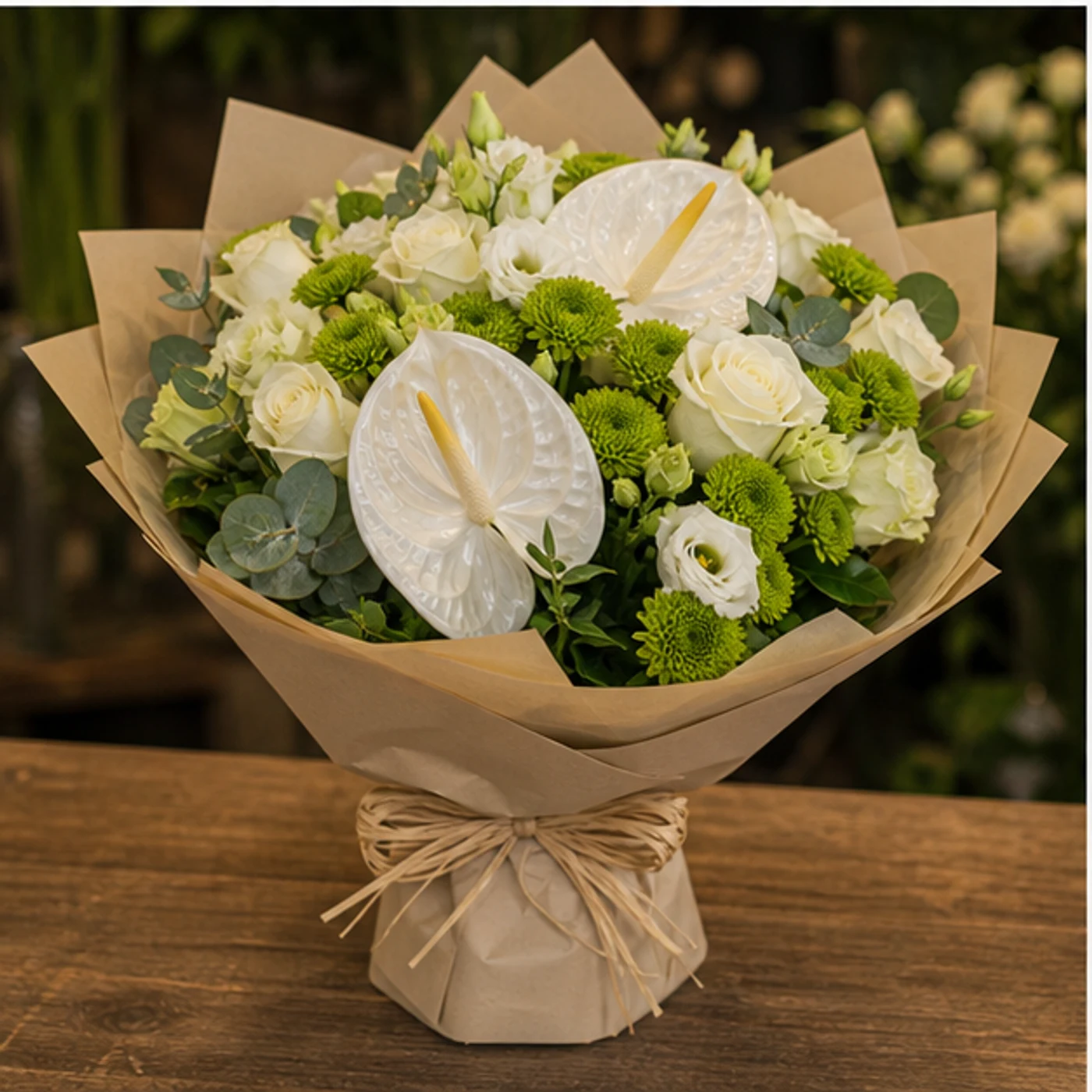 Buchete Anthurium alb cu santini verde - poza 3