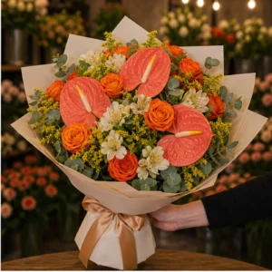Buchete Anthurium corai cu trandafiri portocalii - poza 2