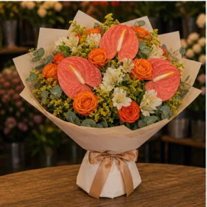 Buchete Anthurium corai cu trandafiri portocalii - poza 3