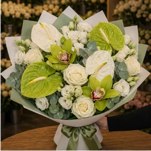 Buchete Anthurium premium alb-verde cu orhidee cymbidium - poza 2