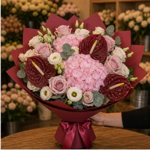 Buchete Anthurium premium burgundy cu hortensie roz - poza 2