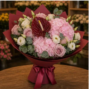 Buchete Anthurium premium burgundy cu hortensie roz - poza 3
