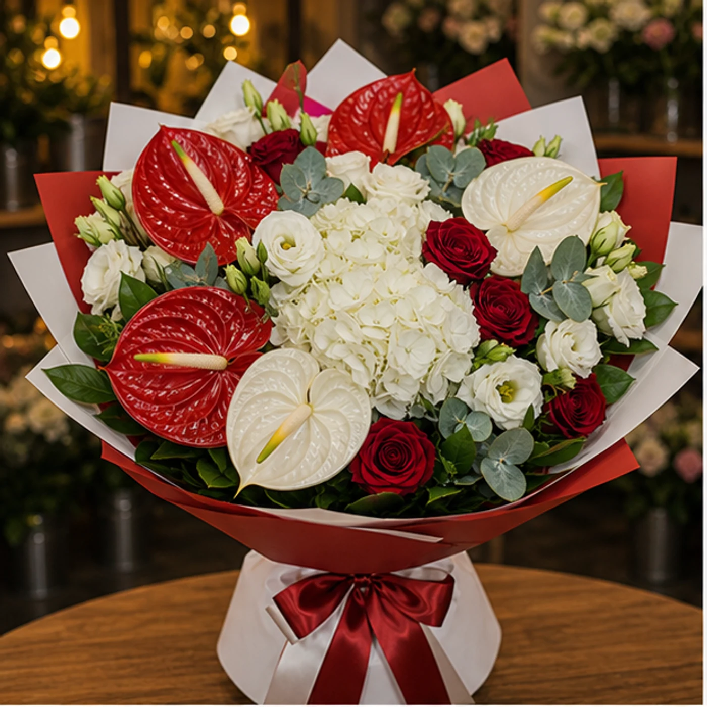 Buchete Anthurium premium rosu si alb cu hortensie - poza 1