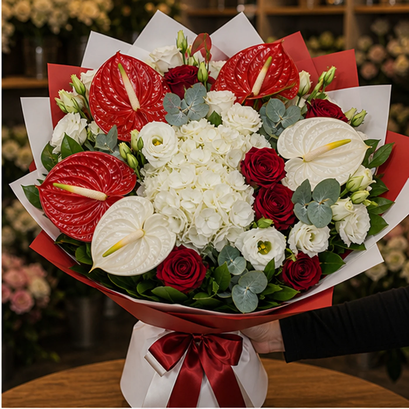 Buchete Anthurium premium rosu si alb cu hortensie - poza 2