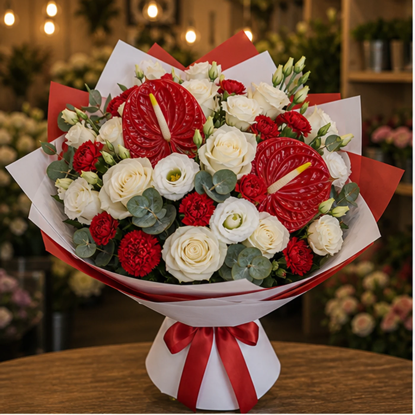 Buchete Anthurium premium rosu cu trandafiri albi - poza 1
