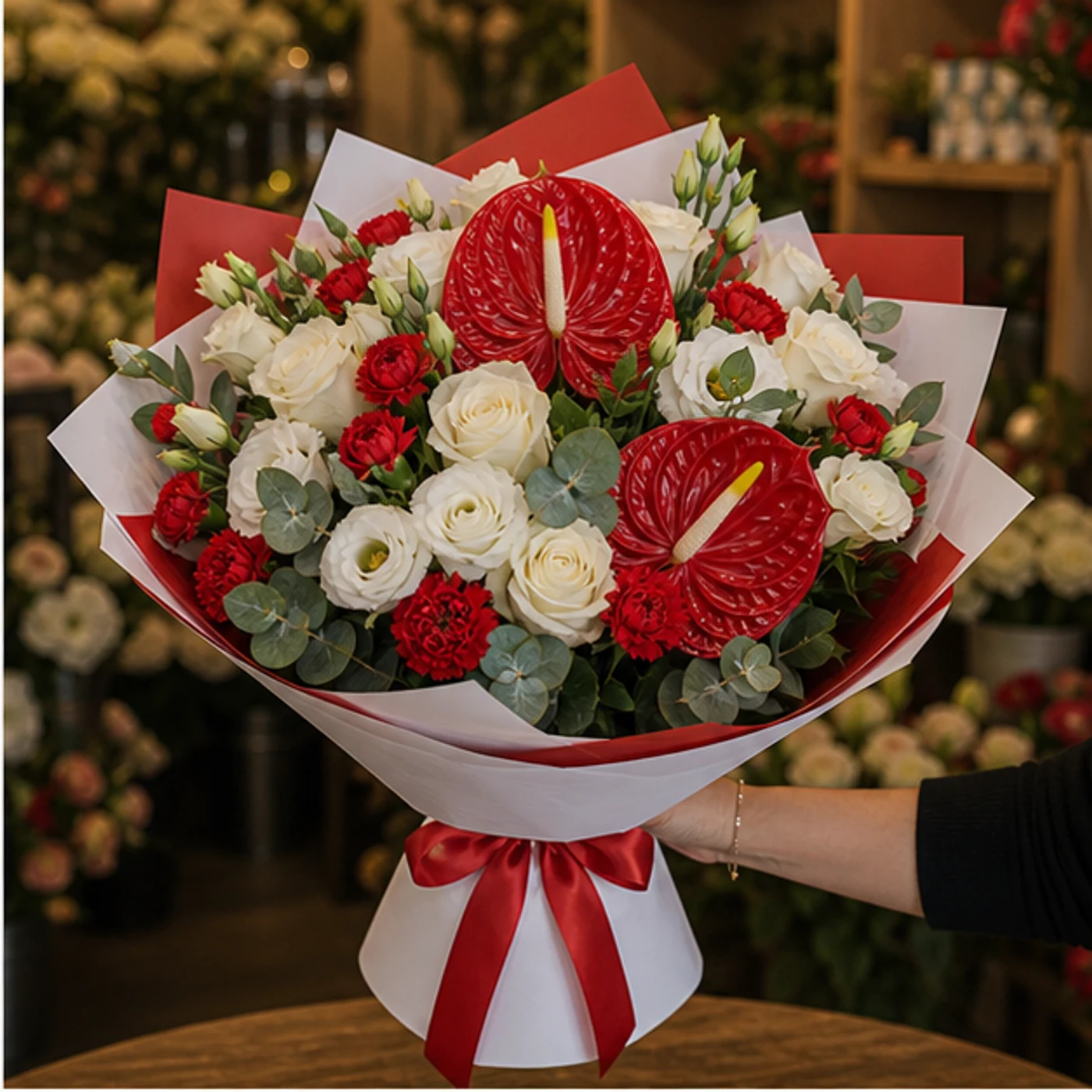 Buchete Anthurium premium rosu cu trandafiri albi - poza 2