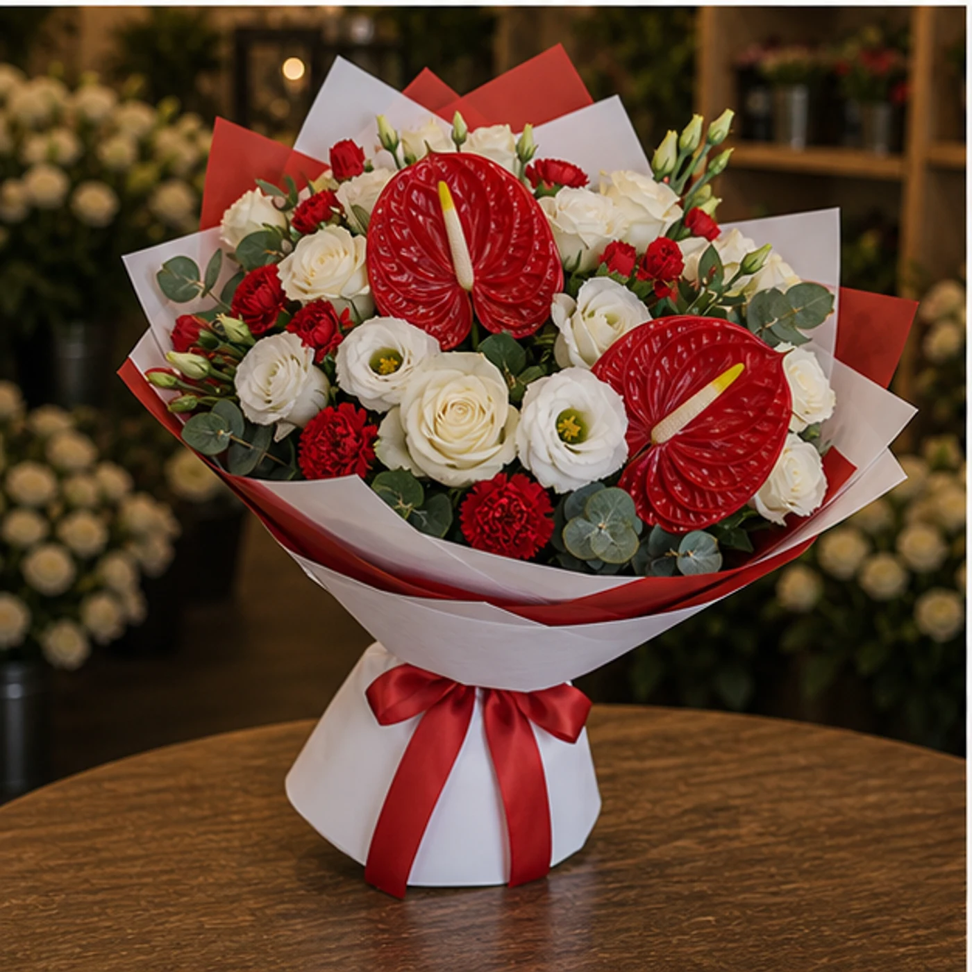 Buchete Anthurium premium rosu cu trandafiri albi - poza 3