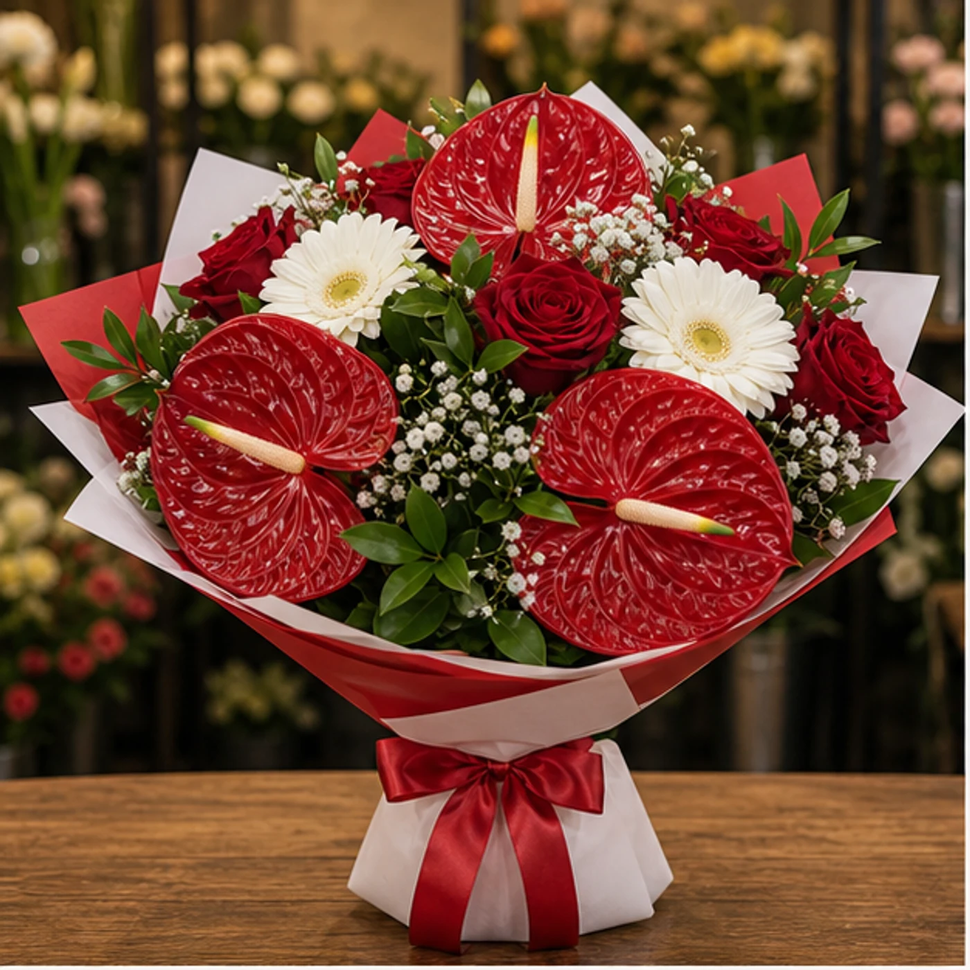Buchete Anthurium rosu cu gerbera alba - poza 1