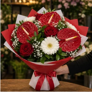 Buchete Anthurium rosu cu gerbera alba - poza 2