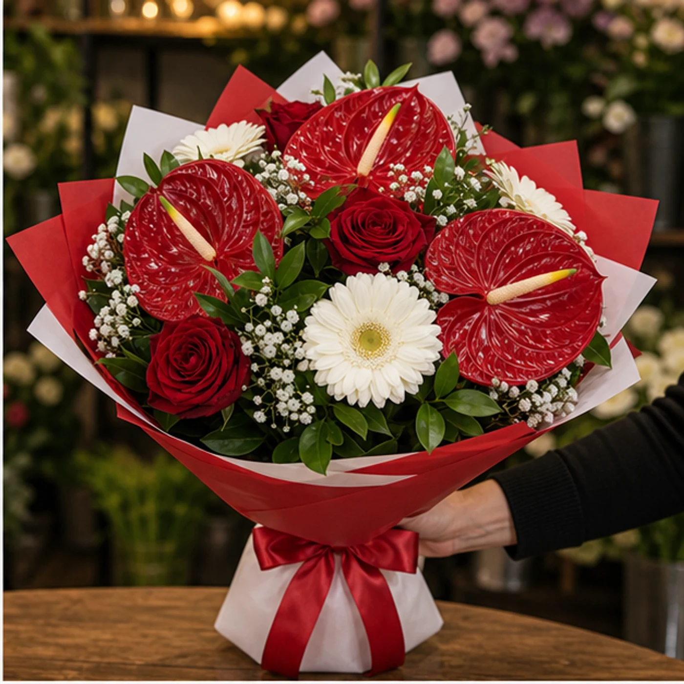 Buchete Anthurium rosu cu gerbera alba - poza 2