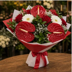 Buchete Anthurium rosu cu gerbera alba - poza 3