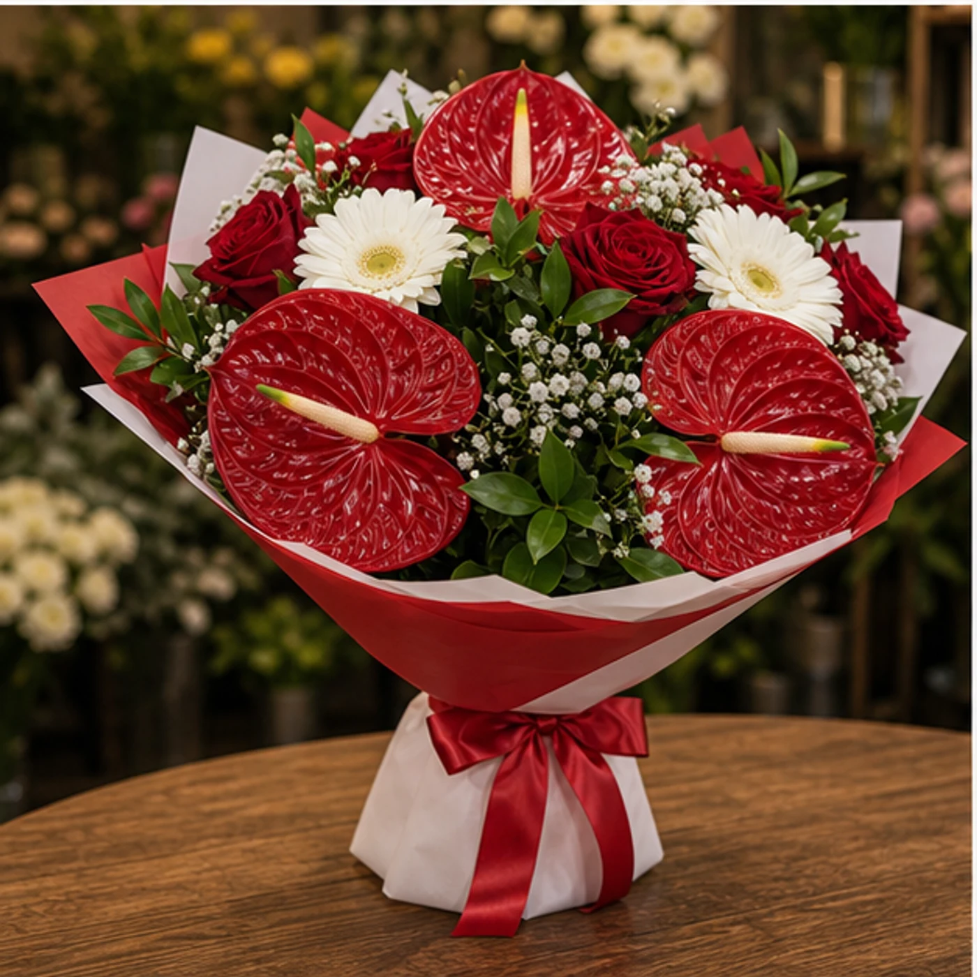 Buchete Anthurium rosu cu gerbera alba - poza 3