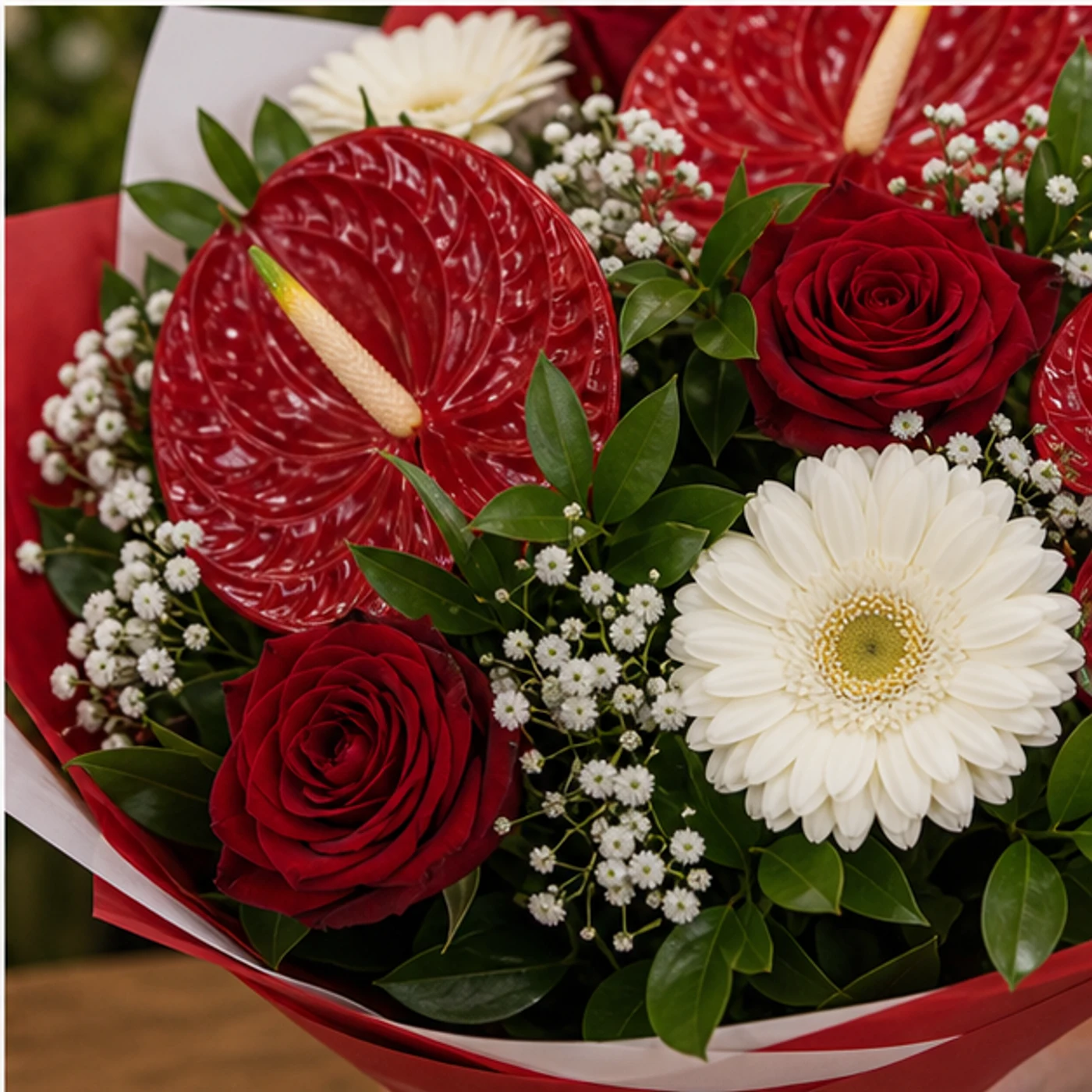 Buchete Anthurium rosu cu gerbera alba - poza 4