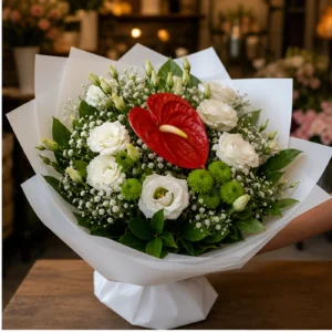 Buchete Anthurium rosu cu lisianthus alb - poza 2