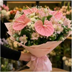 Buchete Anthurium roz cu alstroemeria pastel - poza 2