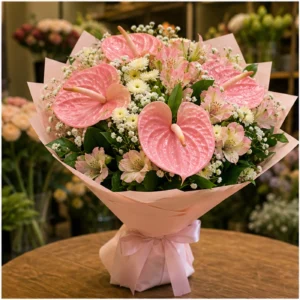 Buchete Anthurium roz cu alstroemeria pastel - poza 3