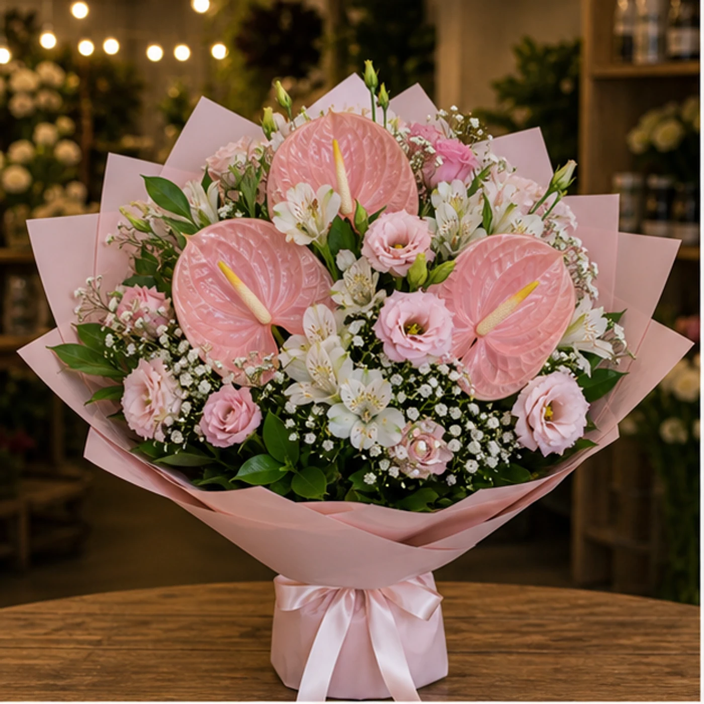 Buchete Anthurium roz pudrat cu eustoma - poza 1