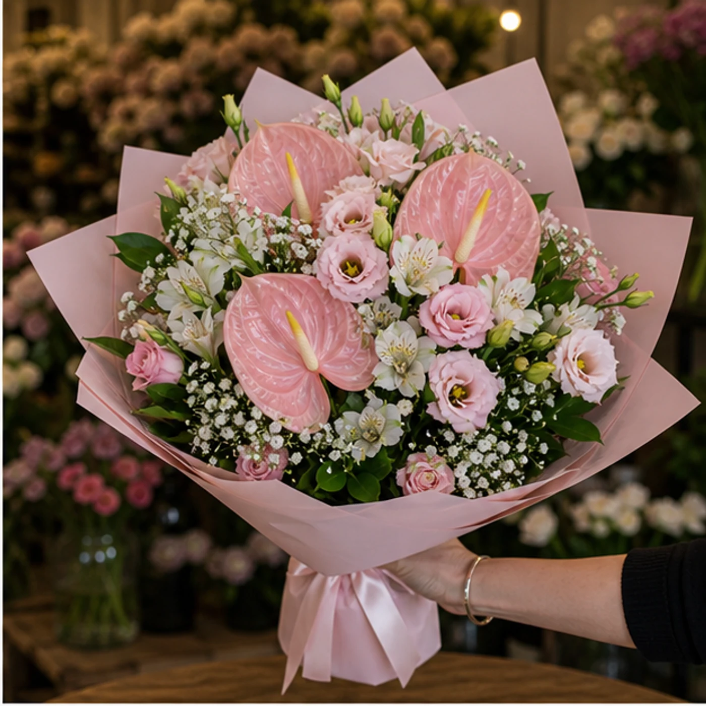 Buchete Anthurium roz pudrat cu eustoma - poza 2