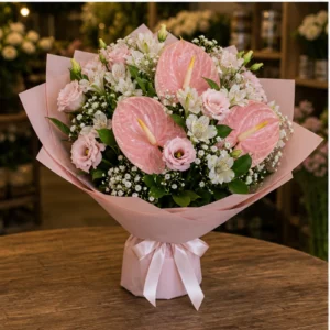 Buchete Anthurium roz pudrat cu eustoma - poza 3