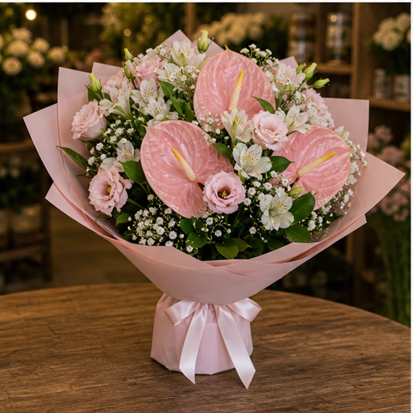 Buchete Anthurium roz pudrat cu eustoma - poza 3