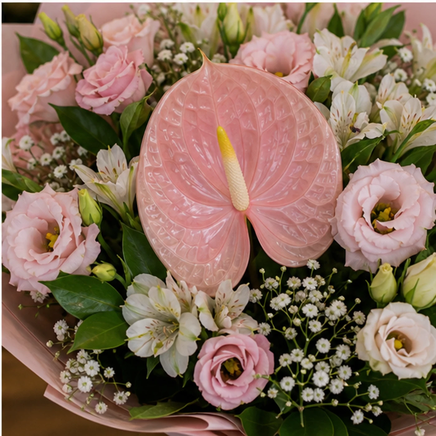Buchete Anthurium roz pudrat cu eustoma - poza 4