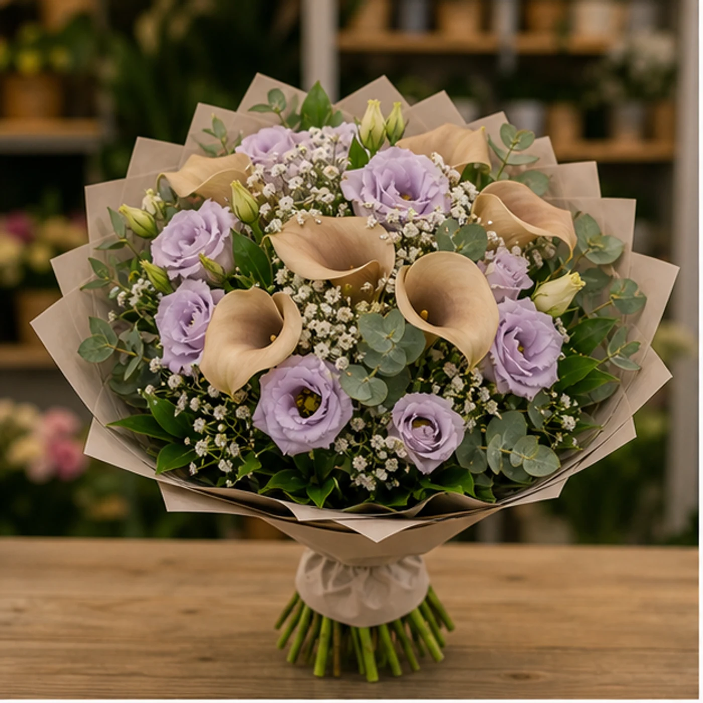 Buchete Cale cappuccino cu lisianthus mov pal - poza 1