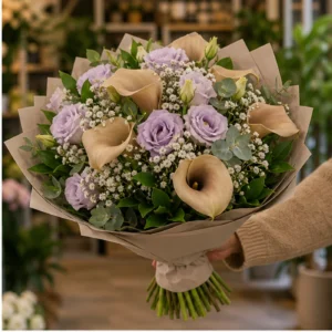 Buchete Cale cappuccino cu lisianthus mov pal - poza 2
