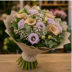 Buchete Cale cappuccino cu lisianthus mov pal - poza 3