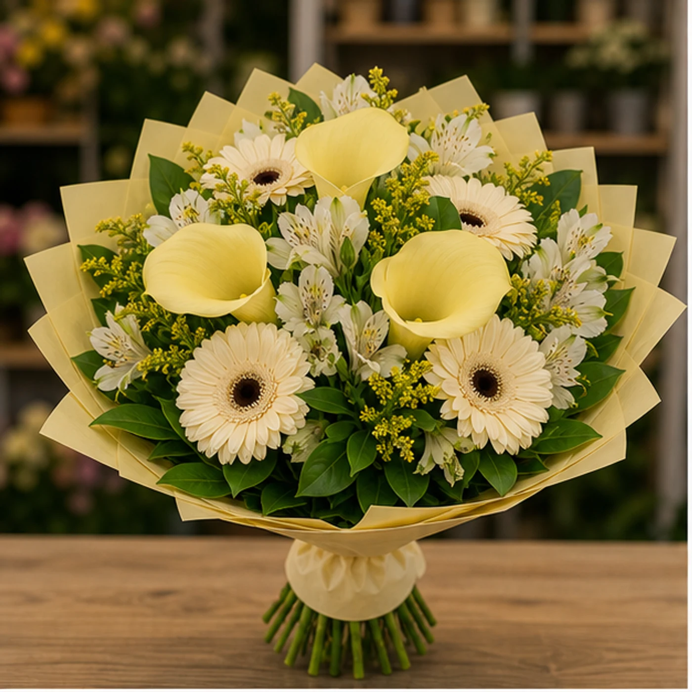 Buchete Cale galben pal cu gerbera crem - poza 1