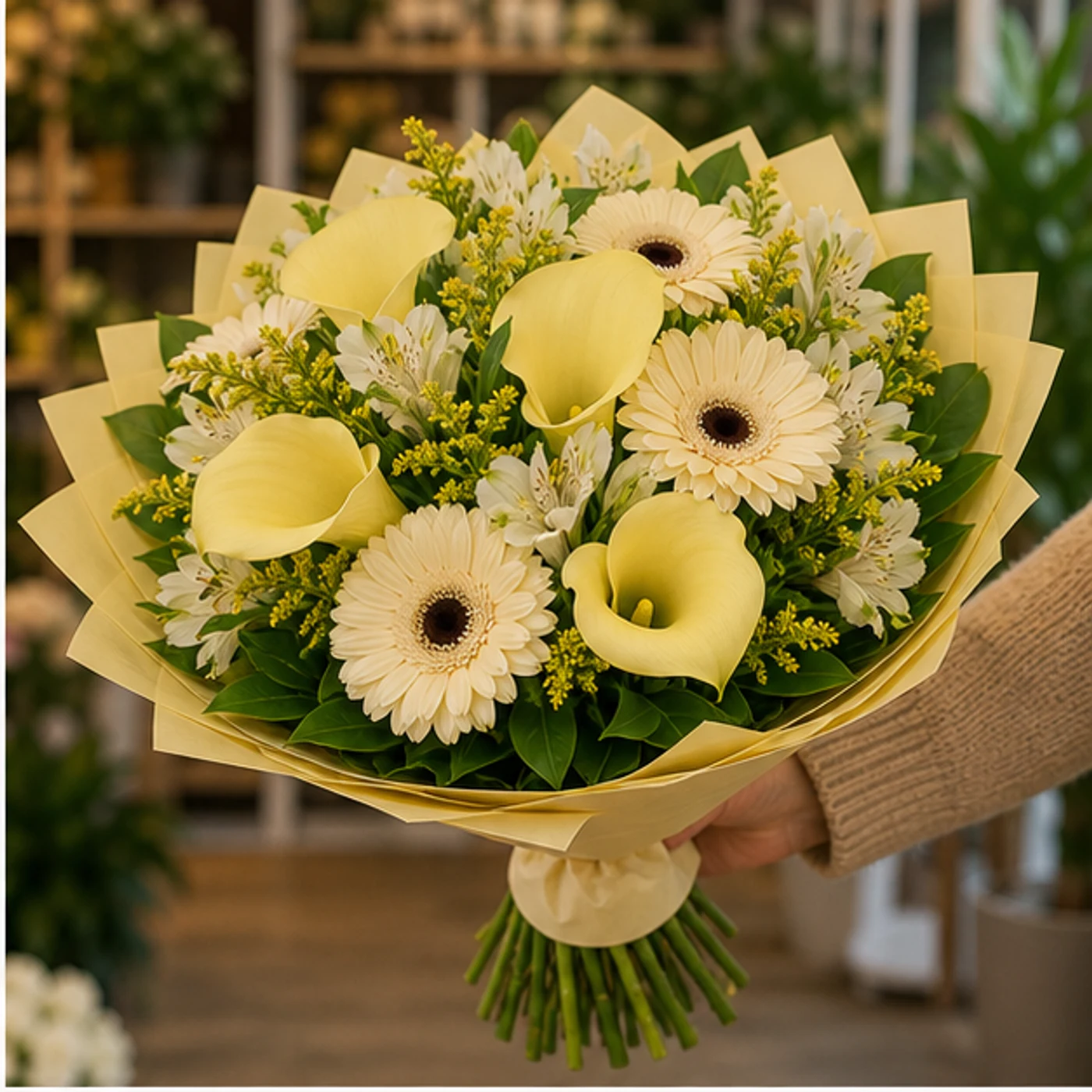 Buchete Cale galben pal cu gerbera crem - poza 2