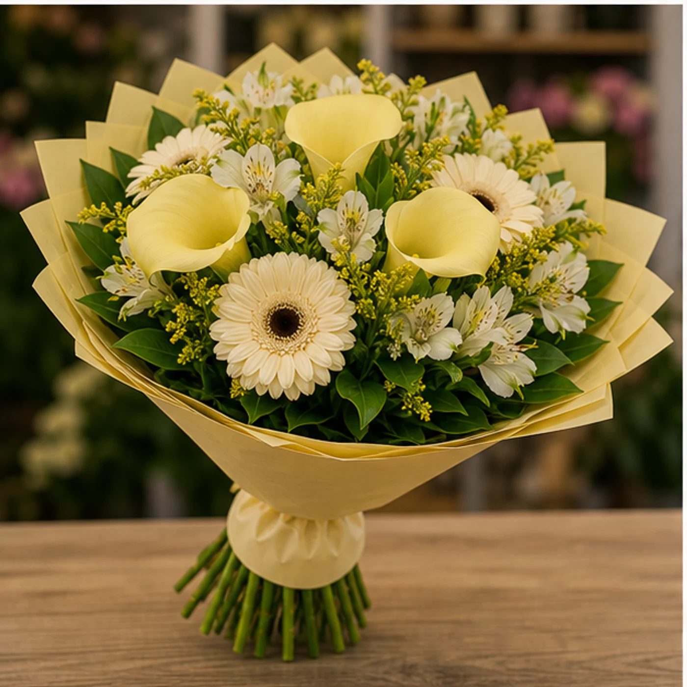 Buchete Cale galben pal cu gerbera crem - poza 3