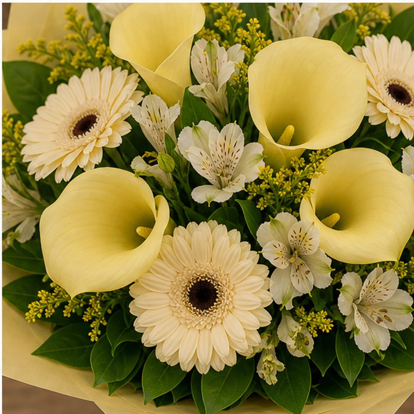 Buchete Cale galben pal cu gerbera crem - poza 4