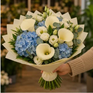 Buchete Cale ivory cu hortensie bleu - poza 2