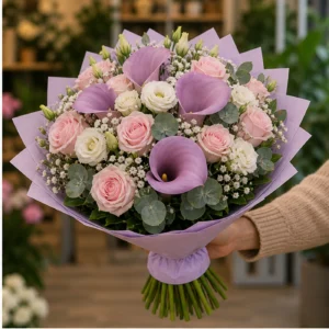 Buchete Cale lavanda cu trandafiri roz pal - poza 2