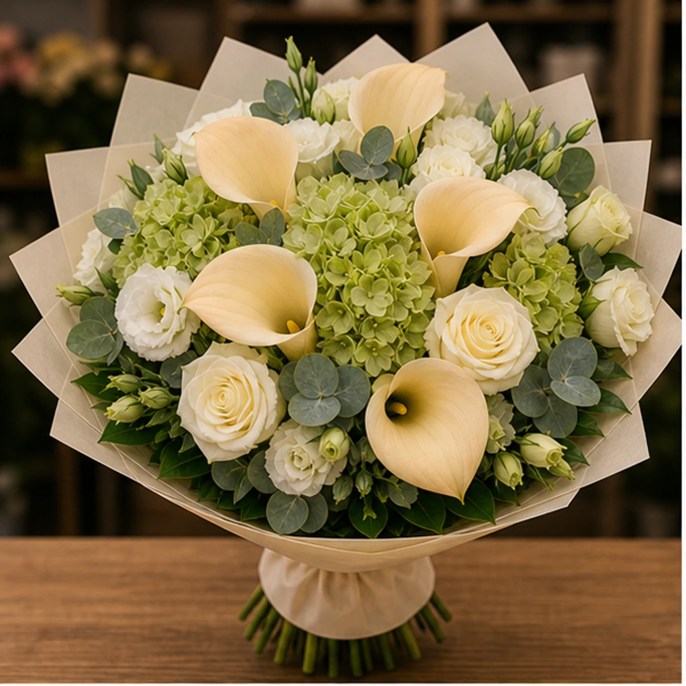 Buchete Cale premium champagne cu hortensie verde - poza 1