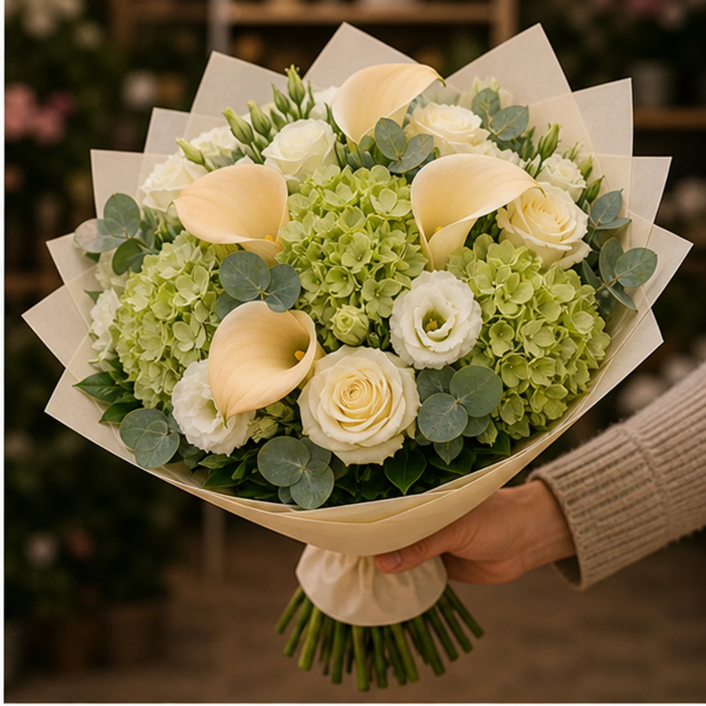 Buchete Cale premium champagne cu hortensie verde - poza 2