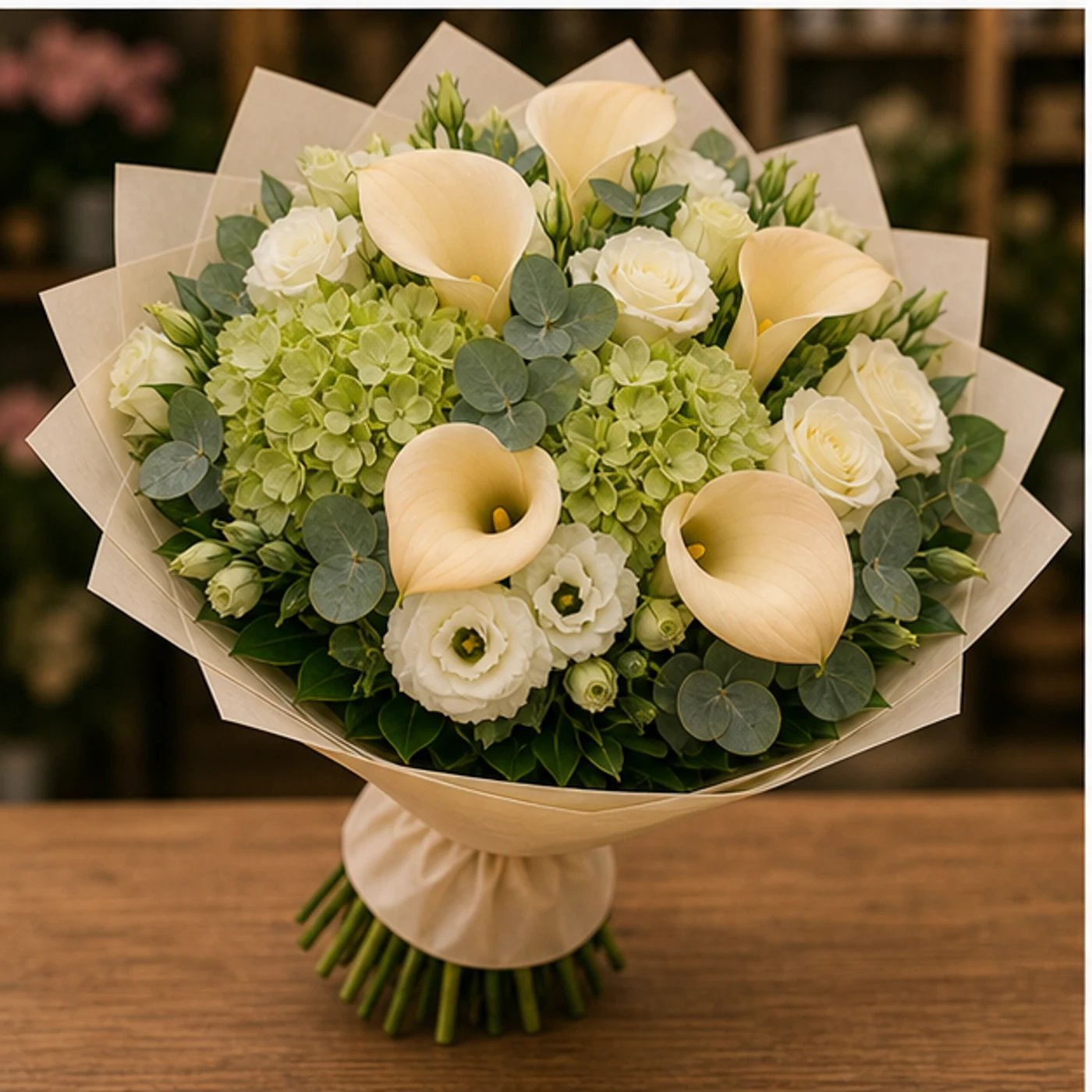Buchete Cale premium champagne cu hortensie verde - poza 3