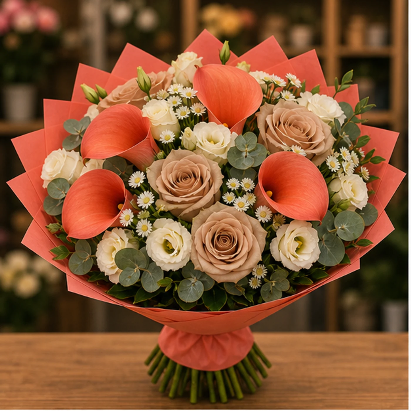 Buchete Cale premium coral cu trandafiri cappuccino - poza 1