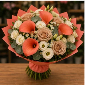 Buchete Cale premium coral cu trandafiri cappuccino - poza 3
