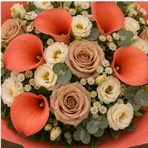 Buchete Cale premium coral cu trandafiri cappuccino - poza 4