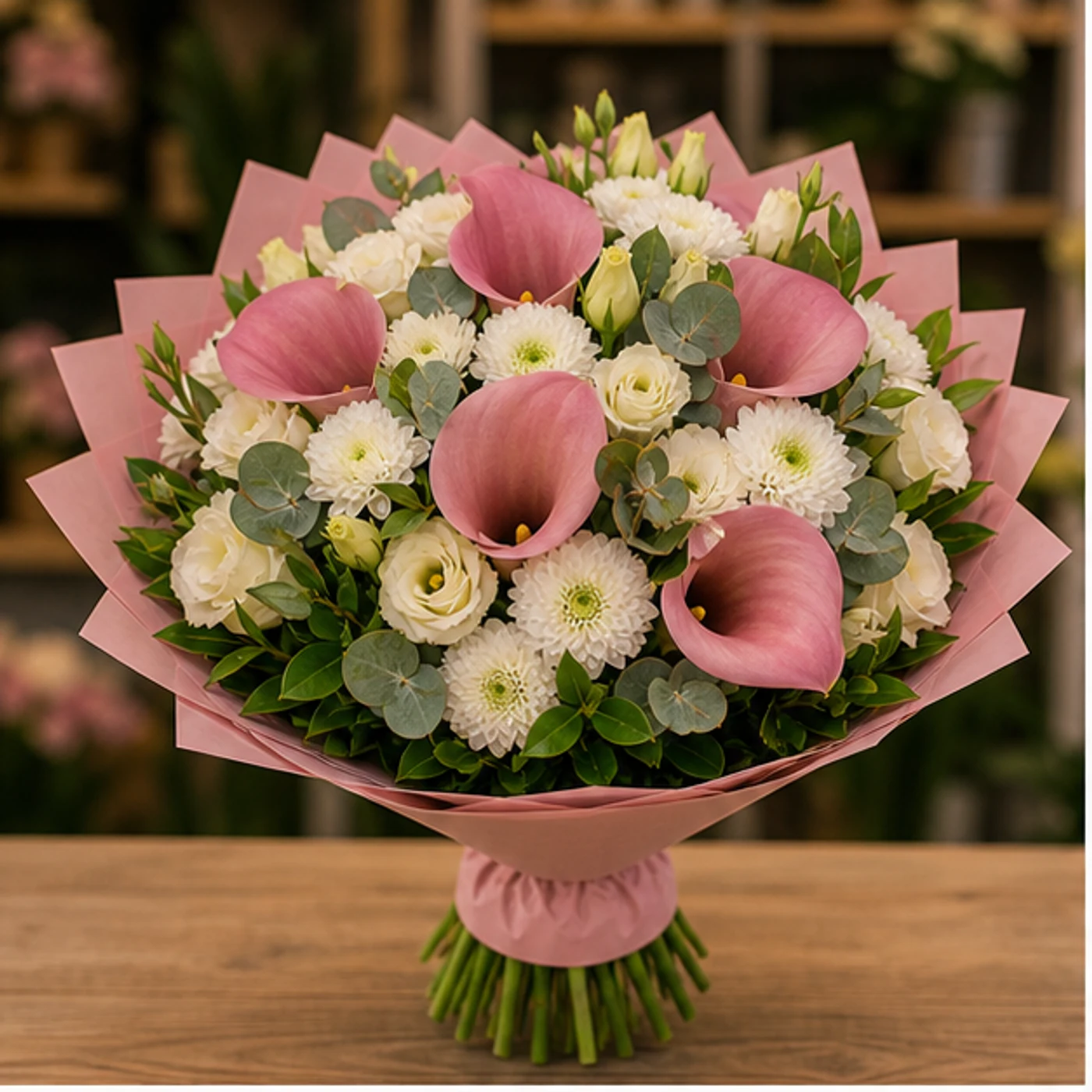 Buchete Cale roz prafuit cu eustoma crem - poza 1