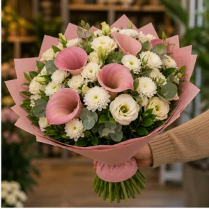 Buchete Cale roz prafuit cu eustoma crem - poza 2