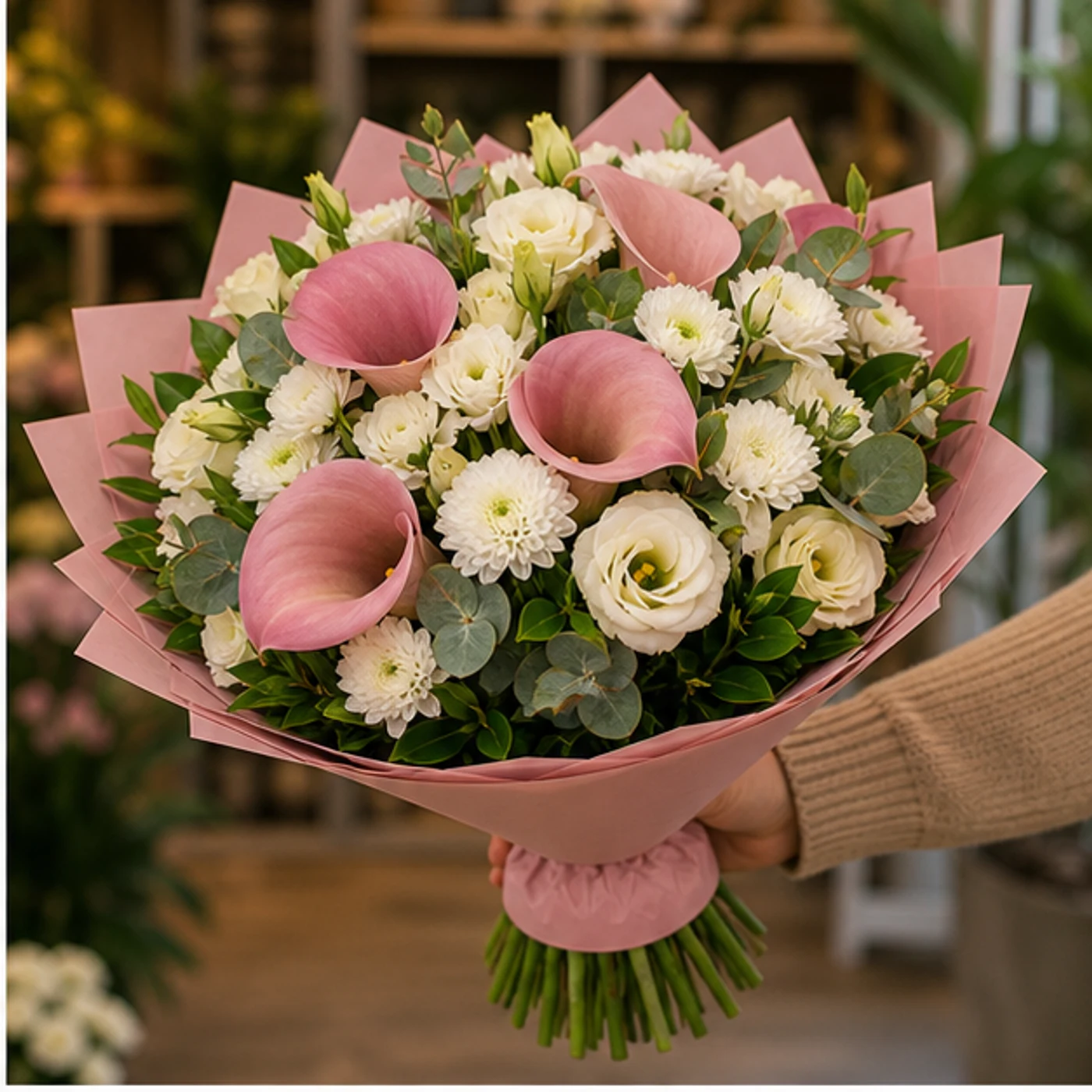 Buchete Cale roz prafuit cu eustoma crem - poza 2