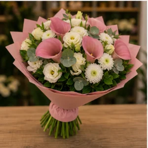 Buchete Cale roz prafuit cu eustoma crem - poza 3