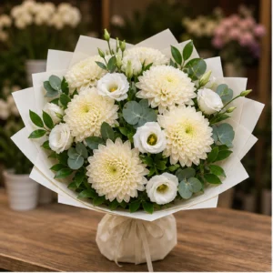Buchete Crizanteme crem cu lisianthus alb - poza 1